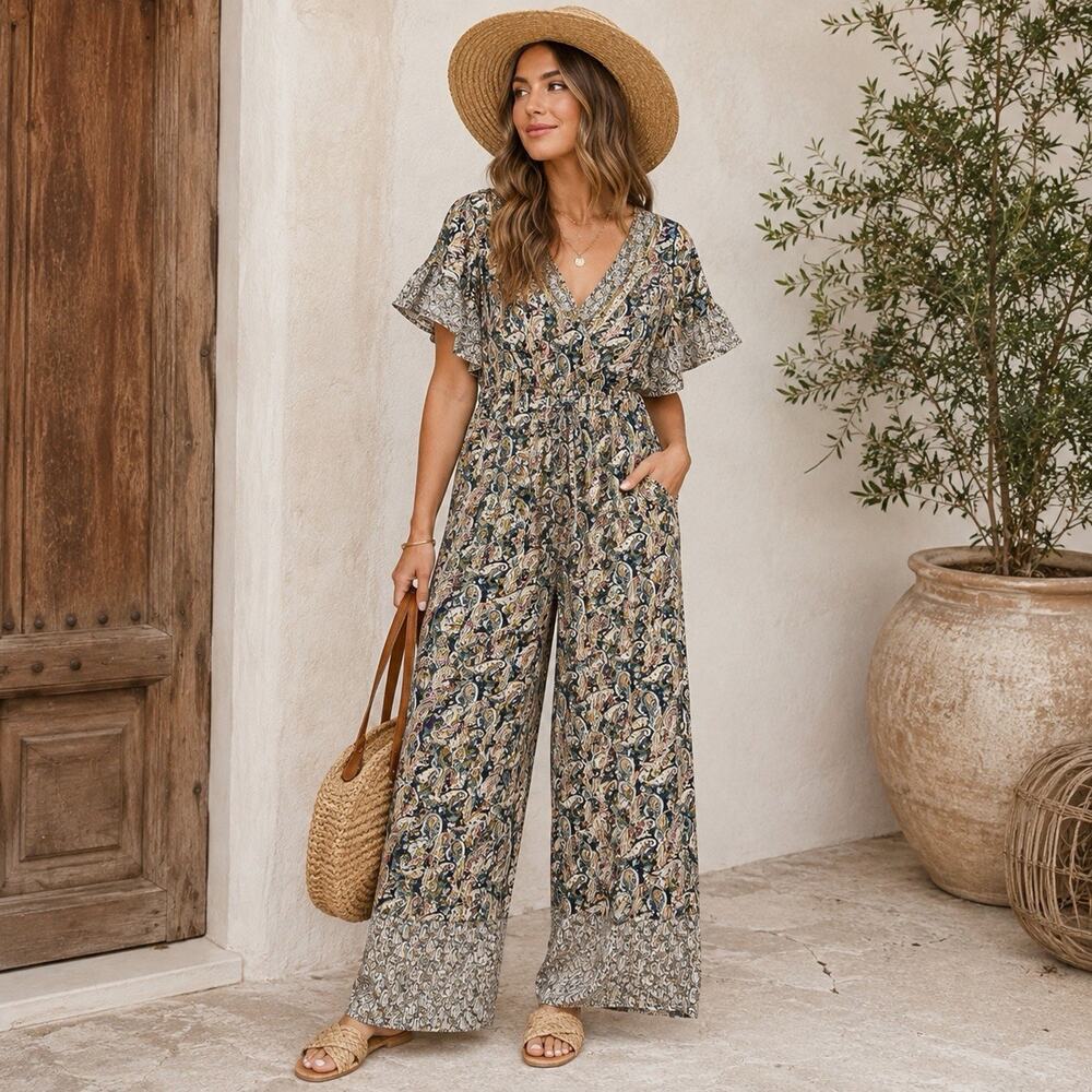 Chelsea & Violet Jumpsuit Women M Paisley Boho Wide Leg Flutter Sleeve Rayon